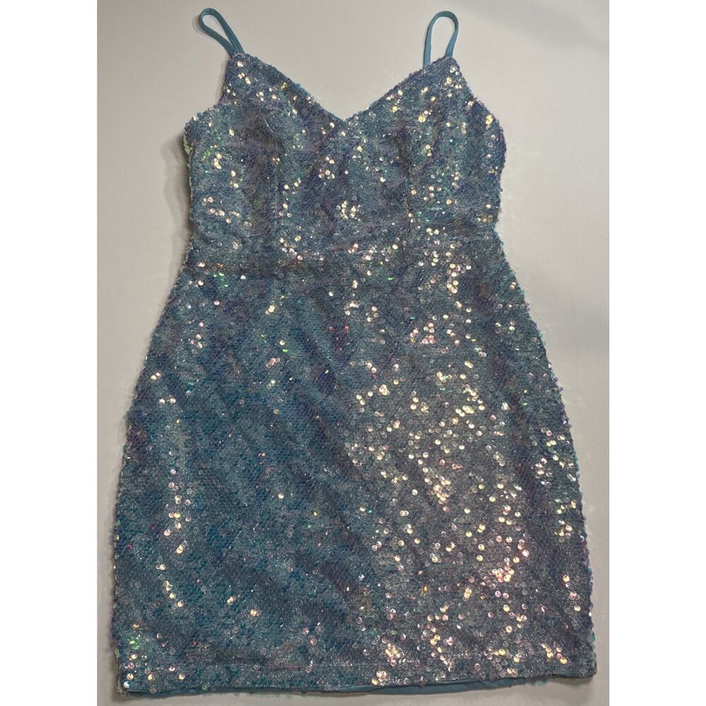Faeriesty Women’s Sequin Mini Dress Teal Blue Sparkle Party Bodycon Size M